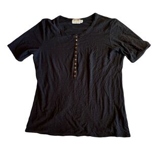 Women's Nation Ltd Short Sleeve Demi Henley Snap Buttons, Black, Size S